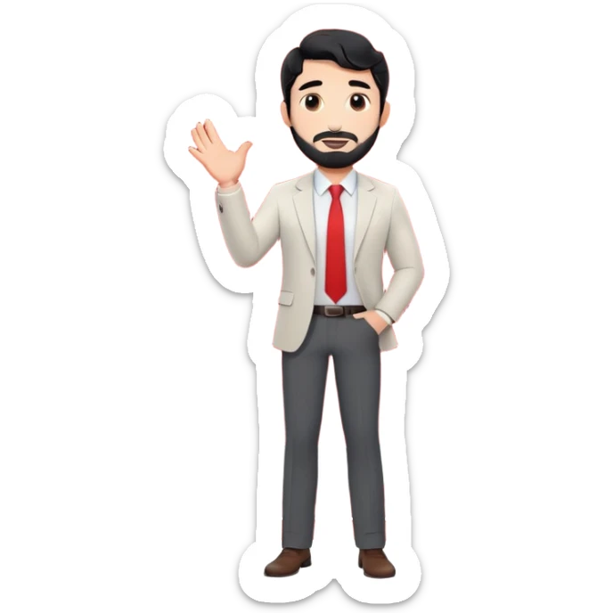 Professional 35-year-old man with black wavy hair, stubble, strong jawline, white skin tone, wearing smart casual business attire, giving a TED talk on innovation, standing on circular red carpet stage, gesturing confidently with projected slides behind him sticker