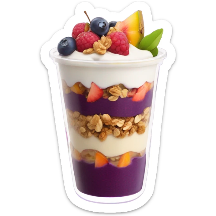 Açaí in a clear cup with layers of fruits and granola and condensed milk sticker