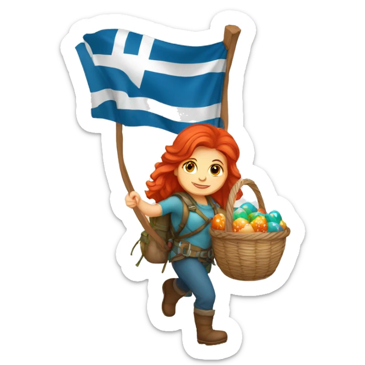 red hair female winter mountaineer climbing with Easter basket and Greek flag sticker