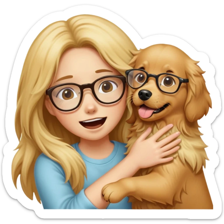 A long-haired girl wearing glasses was attacked by a golden retriever sticker