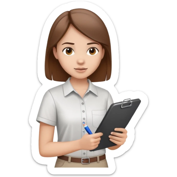 Intern or volunteer with brown hair holding a clipboard and pencil, ready to take notes or assist. The character wears a simple shirt and has an eager posture sticker
