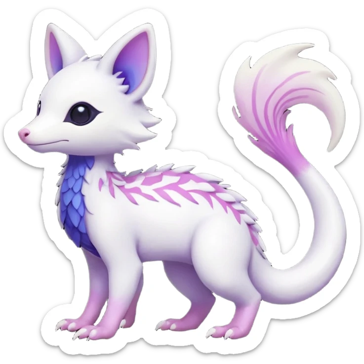  Pure-Snow-White albino cute with indigo-Violet-purple-pinkish-gradient markings beautiful handsome gorgeous aesthetic colorful vibrant Vernid-Trico-species-Fakemon-creature by LiLaiRa, 4 legs, 1 tail, random markings, (full body) sticker