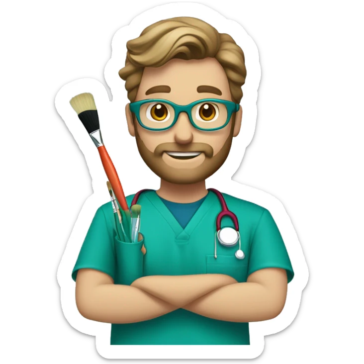 male dark blond with beard doctor with blue-green eyes and round tortoiseshell glasses in teal scrubs holding a paintbrush and a paint palette sticker