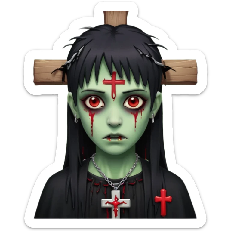zumbi verde com olhos vermelhos sangrando e franja roupa preta e um crucifixo como colar, sem ser na testa e um piercing no nariz bem feminino a franja reta também  sticker