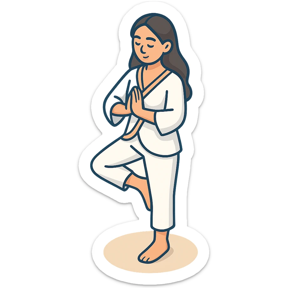 Edit the reference image of the girl to depict her in the tree yoga pose, preserving her appearance and clothing, in a 2D isometric style with a white background, 512x512px. sticker