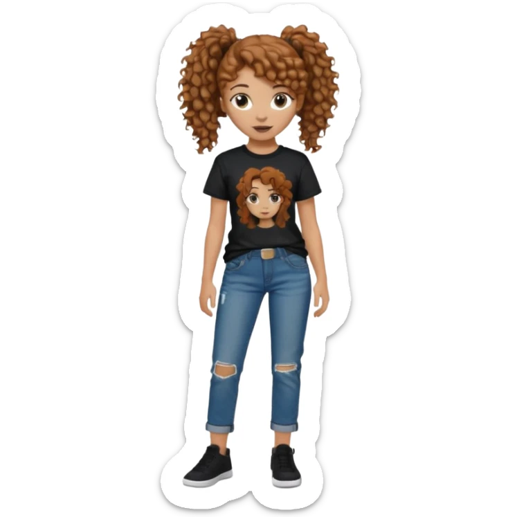 Girl with chestnut colored curly hair in a ponytail, and then a black raper on shirt and loose jeans sticker
