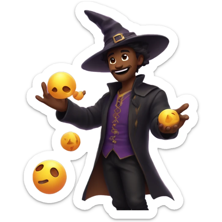 He shows off his 💁 juggling skills, but with balls shaped like small dragons, while mastering the magic 🧙‍♂️ stars around him and wearing a witch's hat. sticker