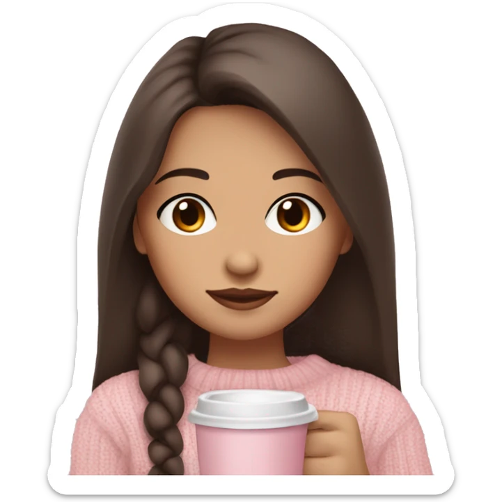 Long dark brown haired girl with dark brown eyes light tan skin and blushing cheeks in a baby pink sweater holding coffee  sticker