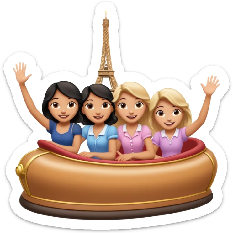quatro chicas montadas en una atraccion de Disney paris levantando la mano sin el castillo detrás ni nada sticker