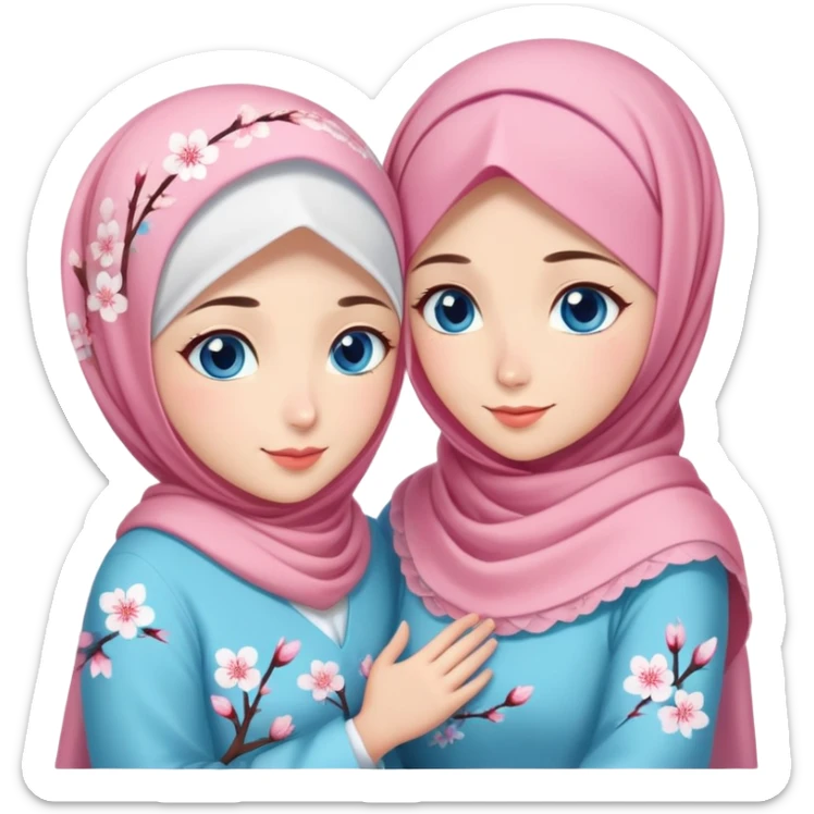 Two friendly sister Turkish girls beautiful finish Konya blue eyes with cherry blossom hijab and heart dress and hugs  sticker