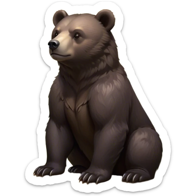 Cinematic Noble bear cub Portrait Emoji, Poised and regal, with a large, imposing build and a thick, well-groomed rich dark brown fur, deep-set soulful eyes, Simplified yet sharp and sophisticated features, highly detailed, glowing with a soft, dignified glow, high shine, intelligent and formidable, stylized with an air of wild majesty, focused and attentive, soft glowing outline, capturing the essence of a watchful and commanding guardian, so majestic it feels as though it could lumber out of the screen with effortless authority! sticker