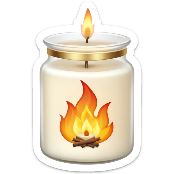 aesthetic emoji of a creamy white candle in a matte glass jar with the label “cotton”, three small flames burning evenly, soft cozy lighting, minimal elegant vector style, transparent background sticker