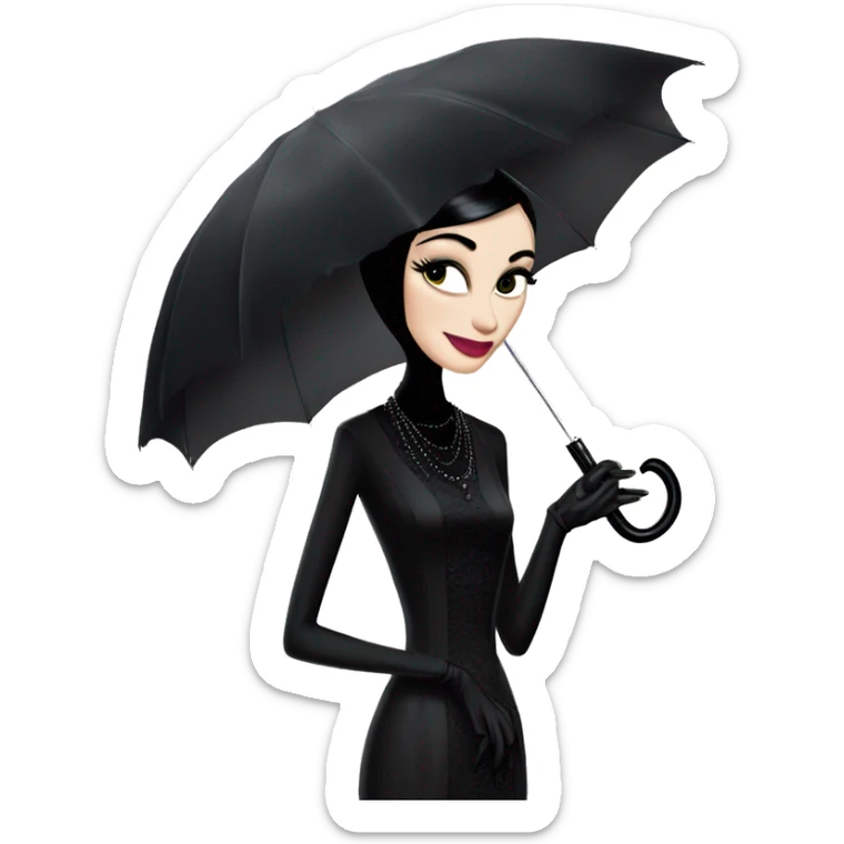 Audrey Hepburn as Morticia Addams at a rainy funeral holding a lacey umbrella. funeral veil ,gloves,purse.  sticker