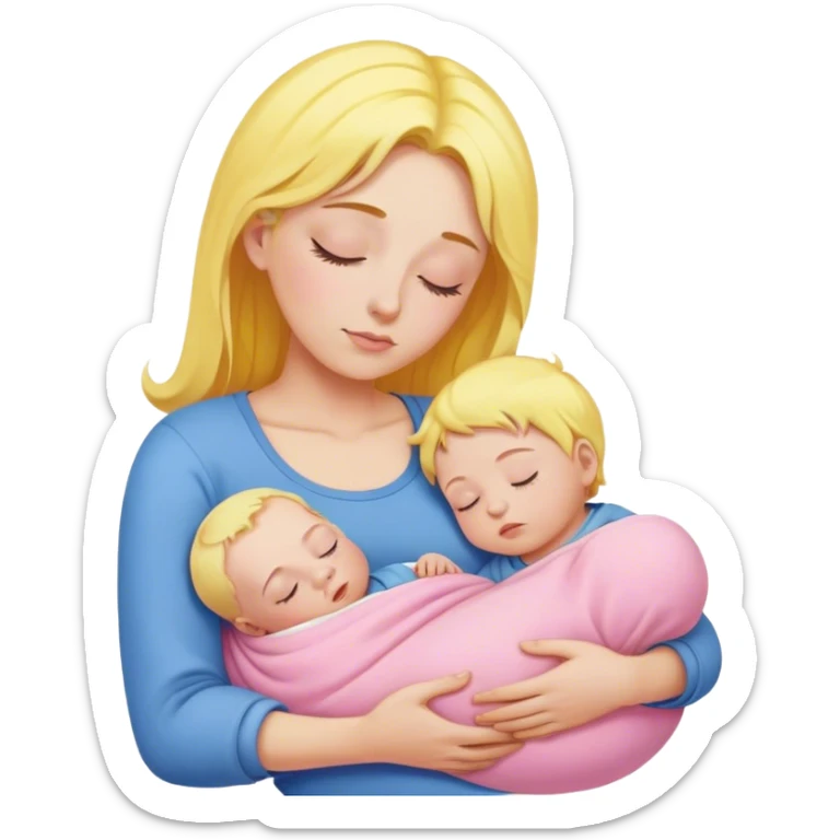 Mother is holding a baby, the mother has yellow hair and pink clothes, the baby is sleeping in blue clothes sticker