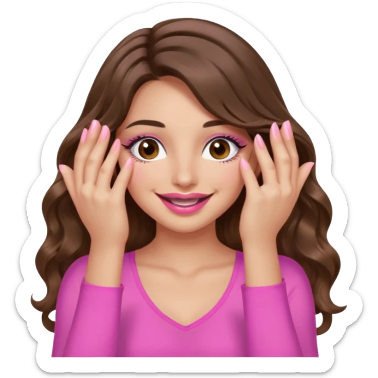 girl with long wavy brown hair, brown eyes, long lashes, sexy pink lips, light to medium complexion, wearing a pink sexy top, smiling, hands covering over the eyes sticker