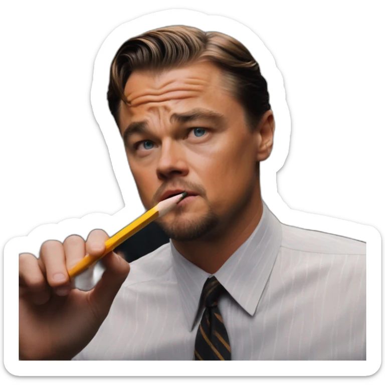 Leonardo DiCaprio holds a pencil in 'The Wolf of Wall Street' during the 'Sell Me This Pen sticker