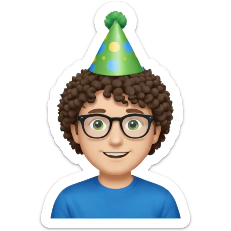 A white guy with curly brown hair and green eyes with a happy face, and wear square black glasses.He’s also got a full silver birthday party hat on his head with blue pom poms on top of it, and his T-shirt is all black, he wears a little gold circle earrings on his left  sticker