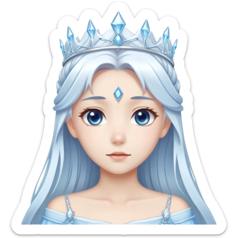 Beautiful anime ice queen with white long pretty hair with light-blue streaks, wearing an icy thin long dress and a silver tiara sticker