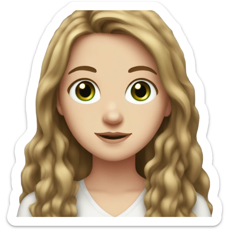 white girl. long brown hair. dark green eyes. white shirt. freckle. sticker