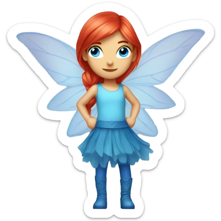 bloom winx fairy with red hair and blue eyes and in blue shirt with wings  sticker