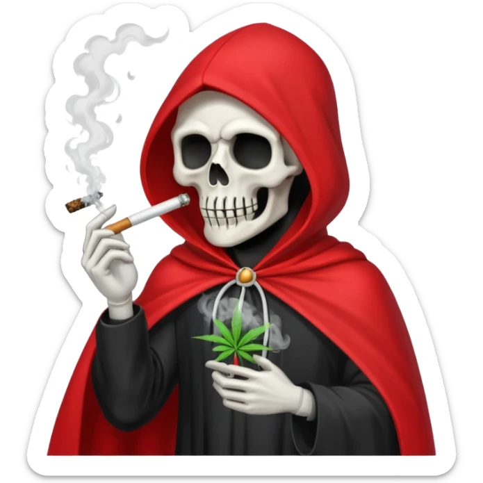 grim reaper in red cape smoking weed with loads of smoke in the air sticker