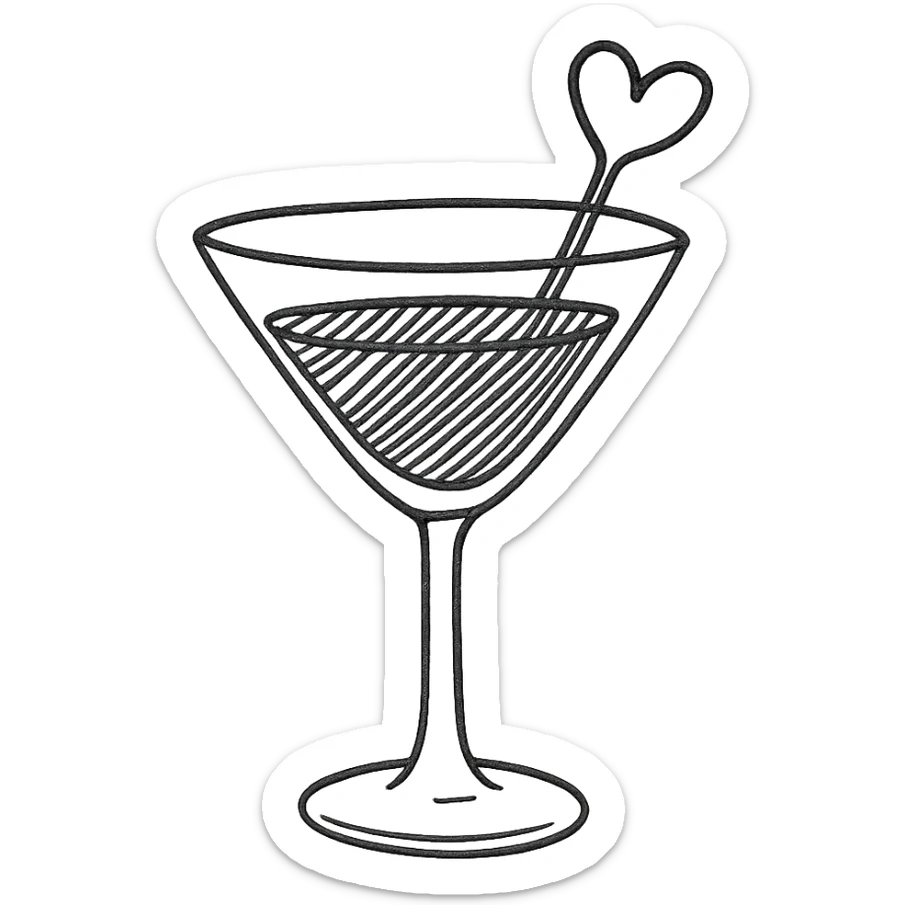 cocktail glass with burgundy drink and a heart-shaped stirrer, hand drawn style sticker