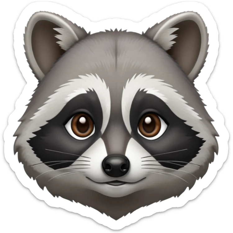 Cinematic-Noble-Raccoon-Portrait-Emoji – Poised and confident, with a sturdy build and a beautifully textured fur of silver-grey accented by dark black facial markings, deep-set, intelligent brown eyes, simplified yet sharp and sophisticated zoom out to show shoulders sticker