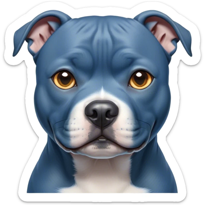 Cinematic Noble Blue Staffordshire Bull Terrier Portrait Emoji, Poised and regal, with a compact, muscular build and a sleek, well-groomed blue Fur, deep-set soulful dark eyes, Simplified yet sharp and sophisticated features, highly detailed, glowing with a soft, dignified glow, high shine, intelligent and loyal, stylized with an air of strength, focused and attentive, soft glowing outline, capturing the essence of a watchful and confident guardian, so majestic it feels as though it could stride out of the screen with effortless authority! sticker