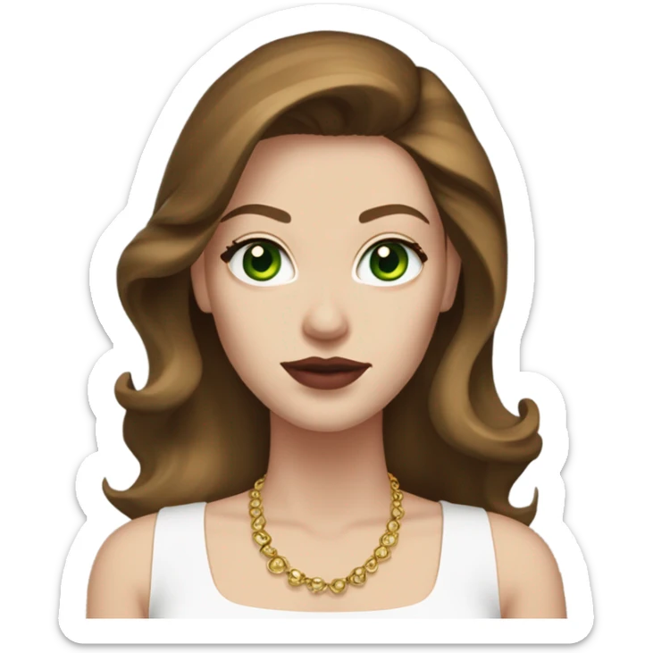 woman, with chestnut brown hair, her hair are a 90s blowout, she has very green eyes and a white pale skin, she has dark pink lipstick on and long lashes, she wears a white top with gold earrings  sticker