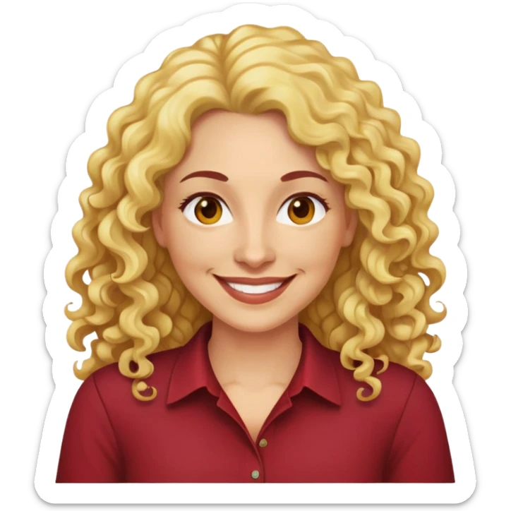 Người phụ nữ 40 tuổi, da vàng, tóc dài xoăn, mặt cười mỉm, áo đỏ đậm, nửa thân trên sticker