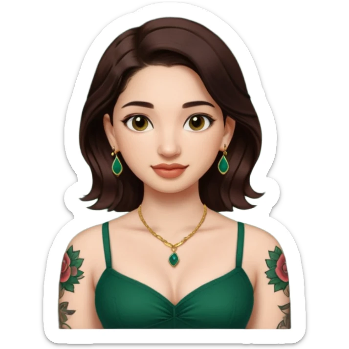pretty bratz genmoji that looks like tamannah bhatia (bollywood actress), wearing a dark green sweetheart neckline top, dark brown hair, light makeup, no necklace, dangly earrings, side hair part, dark BROWN eyes, with full tattoos and neck tattoo big, fair sticker