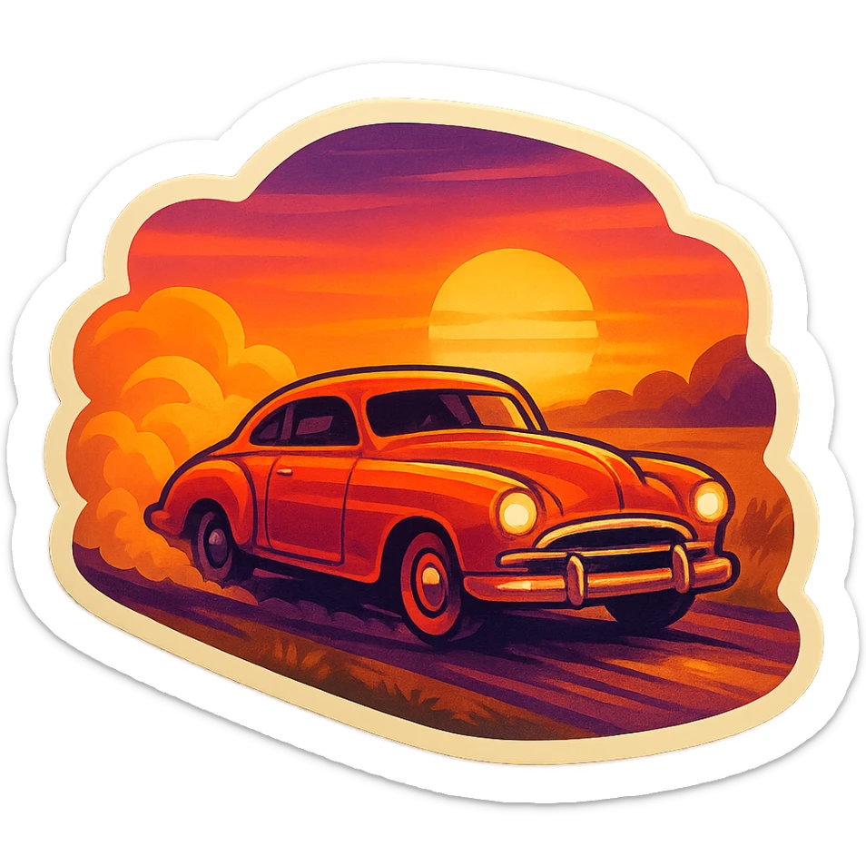 a classic car speeding on country road, retro style, dust cloud behind, sunset background sticker
