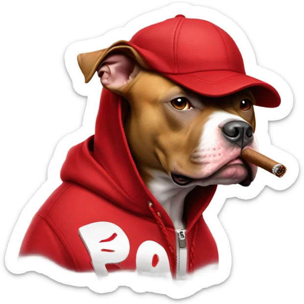 Pitbull smoking a cigar wearing a red hoody and red hat with the word blood on it sticker
