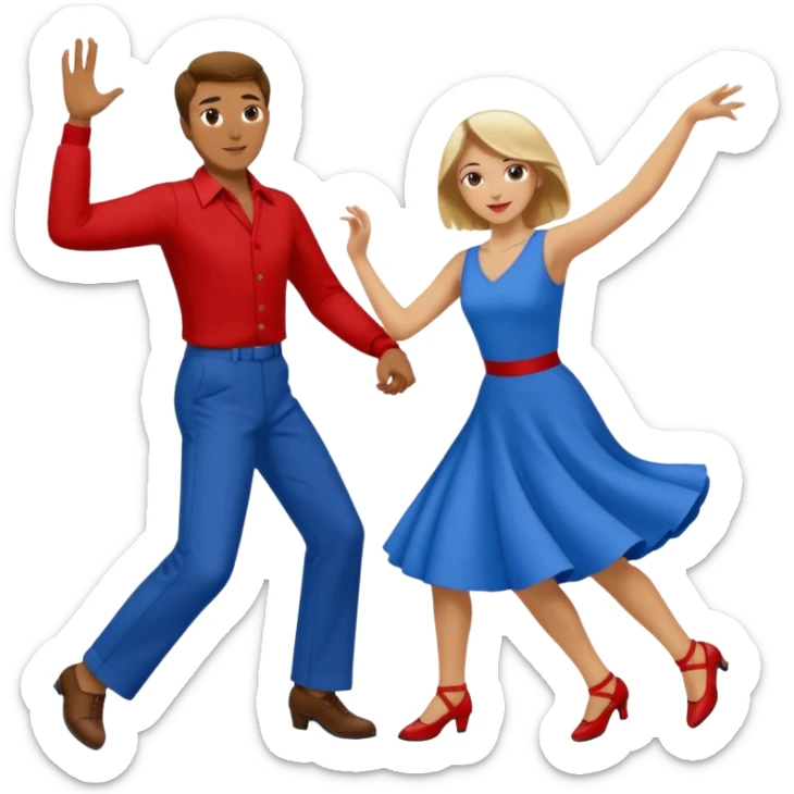 Two people. Man wearing all  RED with brown hair. Women  ALL blue with blond hair. Swing Dancing. Need four legs sticker