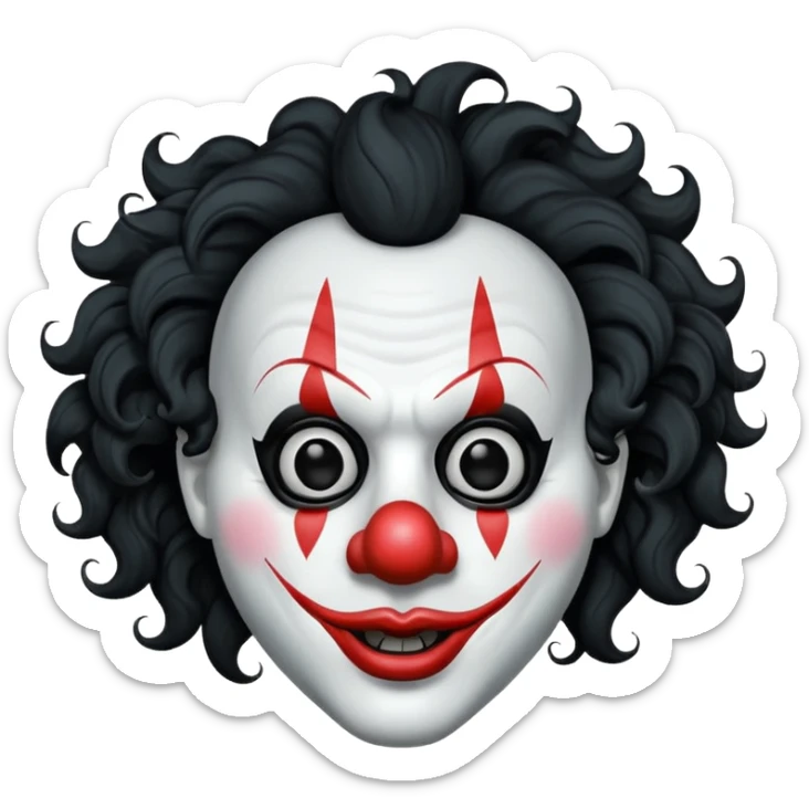 generate white clown mask emoji with a big curly black hair 

black coloured  lips and no teeth, no red nose but instead long and pointy white nose with no nostrils, pitch black eyes with no pupils, no brows sticker