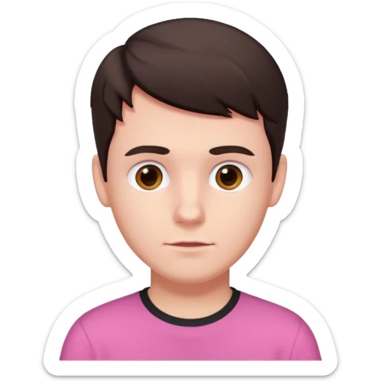 White boy with dark brown hair flipped to the side. Pink shirt.  sticker