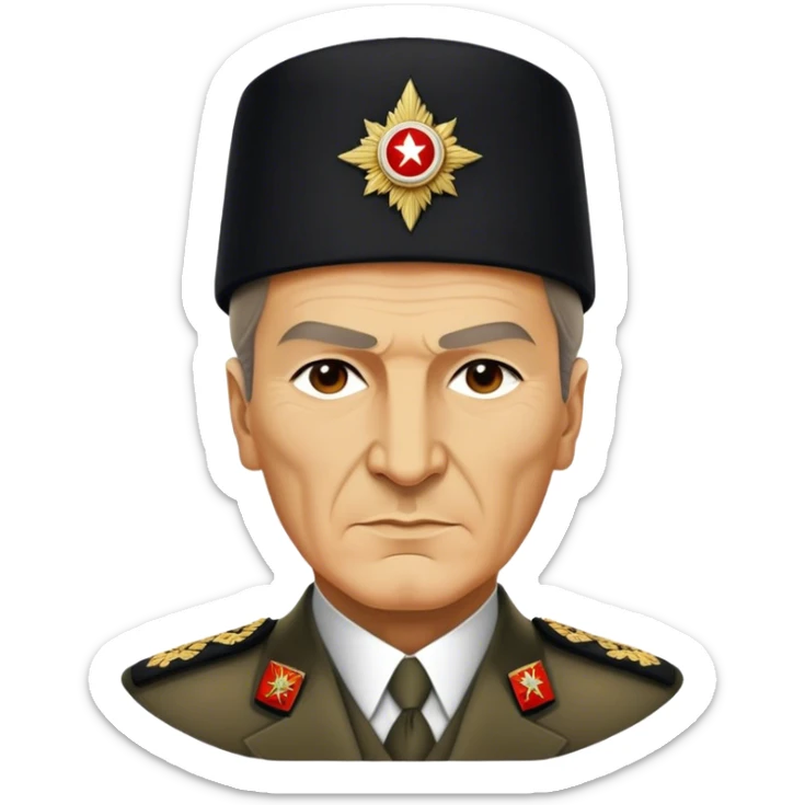 Mustafa Kemal Atatürk (statesman) in traditional hat – Cinematic Realistic Portrait of Mustafa Kemal Atatürk, depicted in dignified traditional attire with a distinctive hat, a resolute and visionary expression illuminated by warm, historic lighting, rendered with rich textures that evoke his transformative leadership. sticker