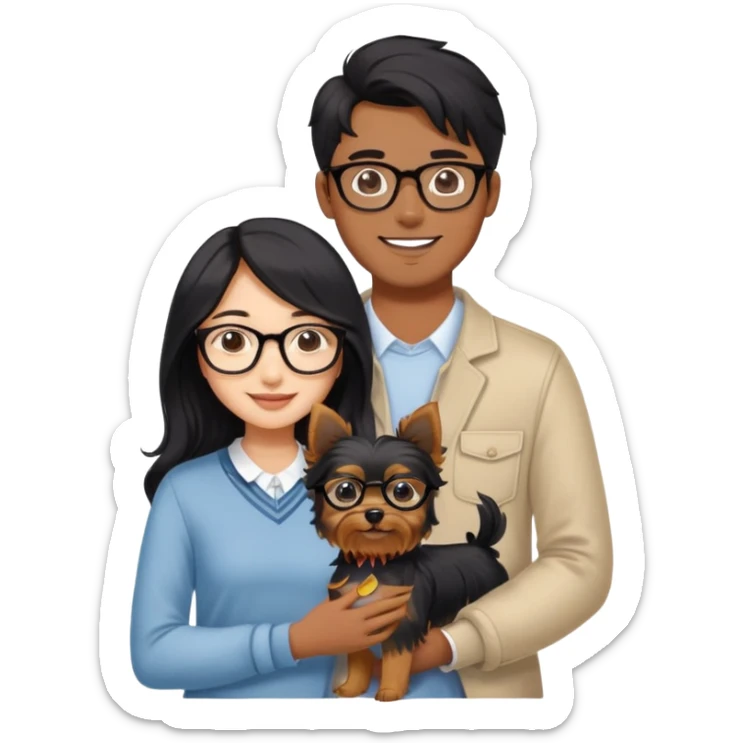 “An Asian girl with long, wavy black hair flowing freely stands beside her smiling boyfriend—a brown-skinned man with a middle part hairstyle and glasses. They are holding a small Yorkshire Terrier together.” sticker