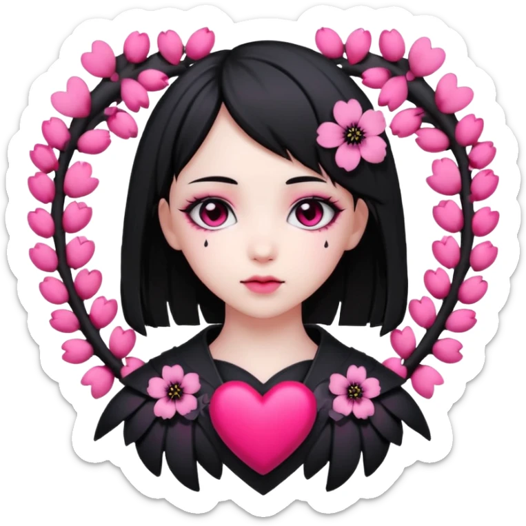 goth sakura heart, heart made of black sakura petals with pink accents sticker