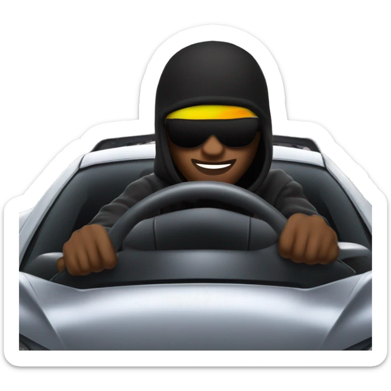 Roadman in a black ski mask driving a fast sports car, city streets and blurred lights in the background, intense vibe sticker