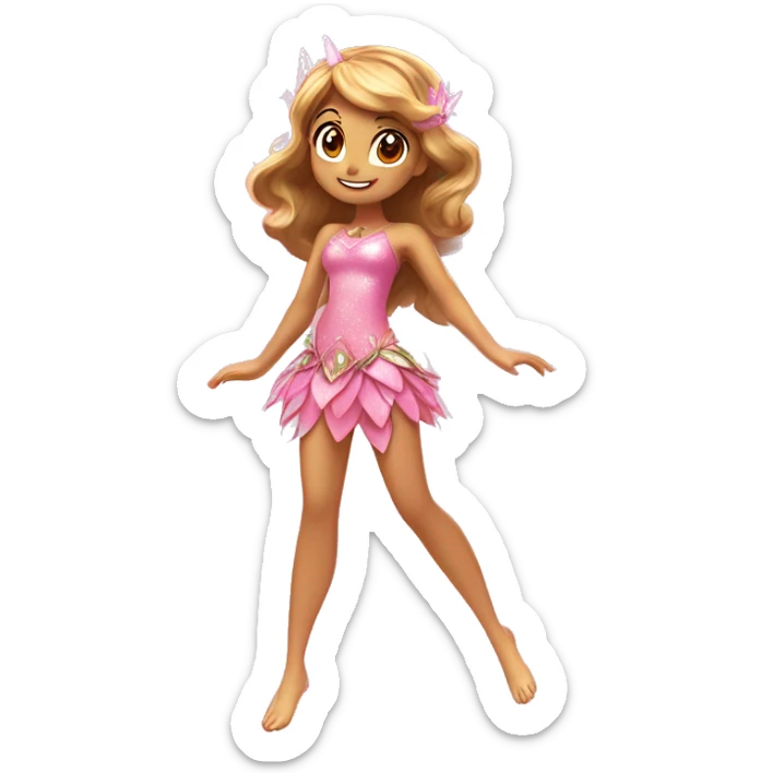the adult latina fairy of nature in her enchantix fairy pink clothing and fairy enchantix wings and long light brown hair from winx club. Small eyes, Lots of sparkles and fairydust. Full body and full fairy bliss sticker