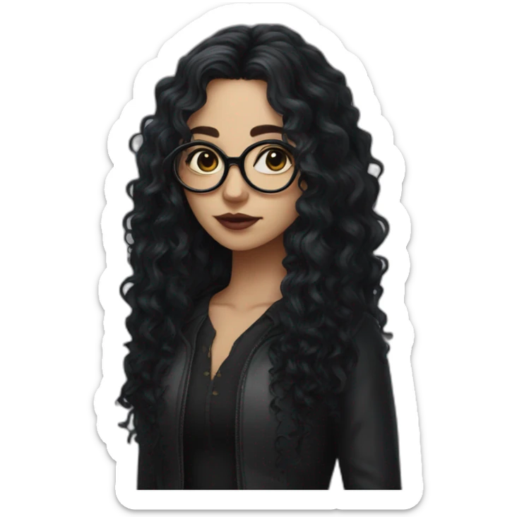 a gothic girl with long black curly hair and circular glasses sticker
