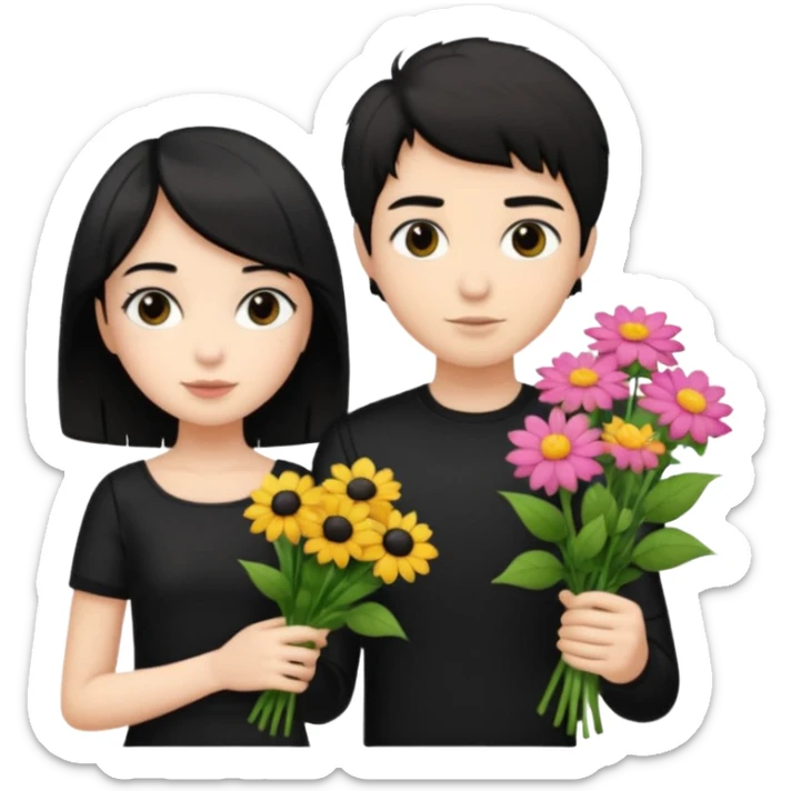 a pretty bratz fair girl with short black shaggy hair with a tall boy and flowers wearing black sticker