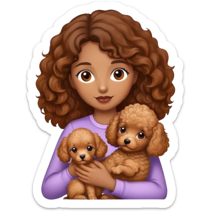 woman with  brown  skin,  wavy  hair ondas eyes is holding a apricotpoodle puppy sticker