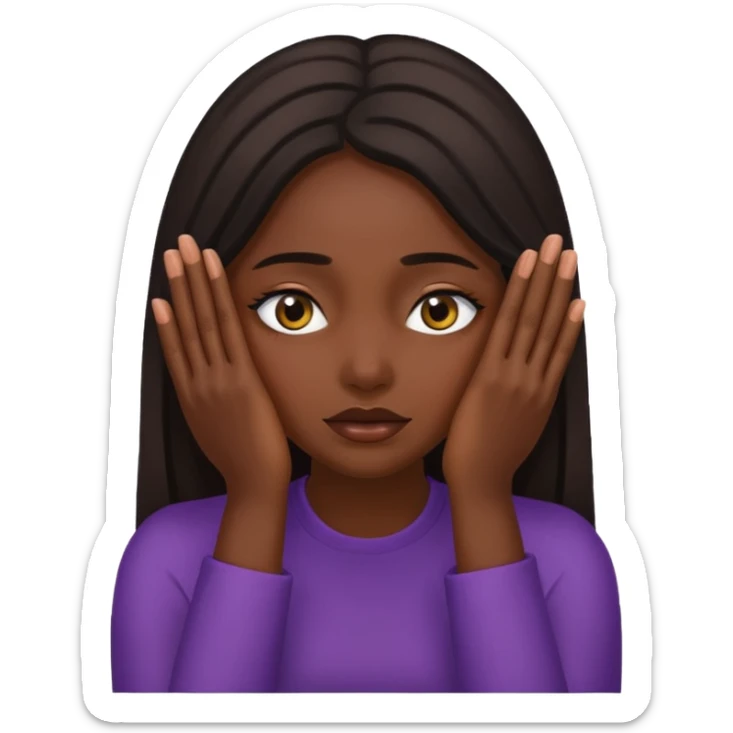 dark skin woman covering her face with her hands but her eyes pocking through sticker