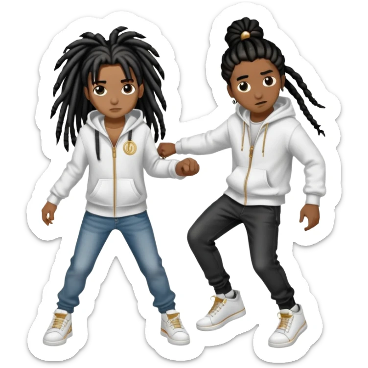 brownskin boy with black  dreads wearing white hoodie with grey jeans and white shoes and a gold circle chain beating up a darkskin girl with 8 long black french braids with brown highlights wearing black zip up and black jeans with black and white shoes. sticker
