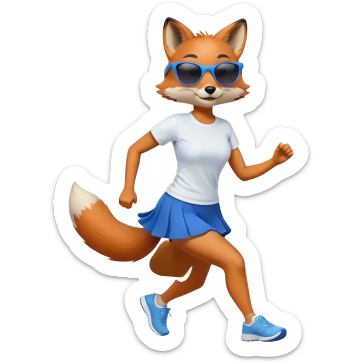 friendly anthropomorphised female fox in skirt and t-shirt, wearing dark sunglasses, jogging upright in relaxed pose sticker