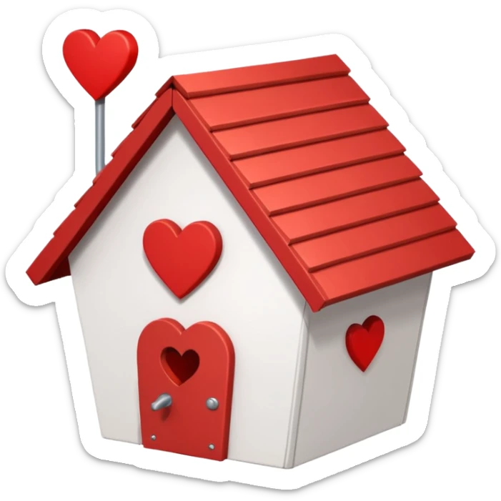 a birdhouse with a red roof with the rest white and a heart at the top but below the roof sticker