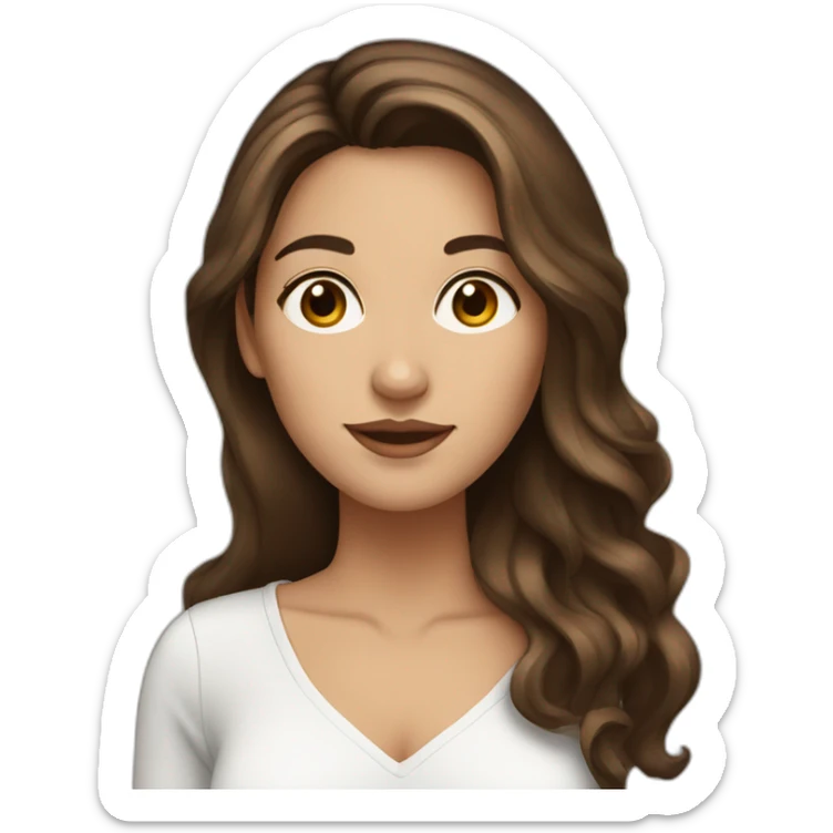 Brunette woman with balayage and long hair, brown eyes with a computer sticker