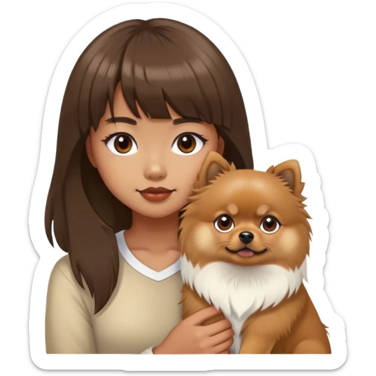 filipino girl with bangs and a brown pomeranian and a white tibetan spaniel  sticker